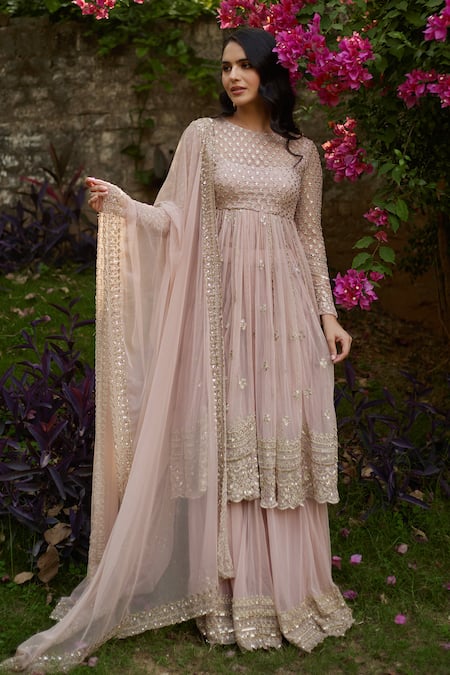 Astha Narang_Pink Net Embroidery, Sequins Round Neck Floral Anarkali And Sharara Set _Online_at_Aza_Fashions