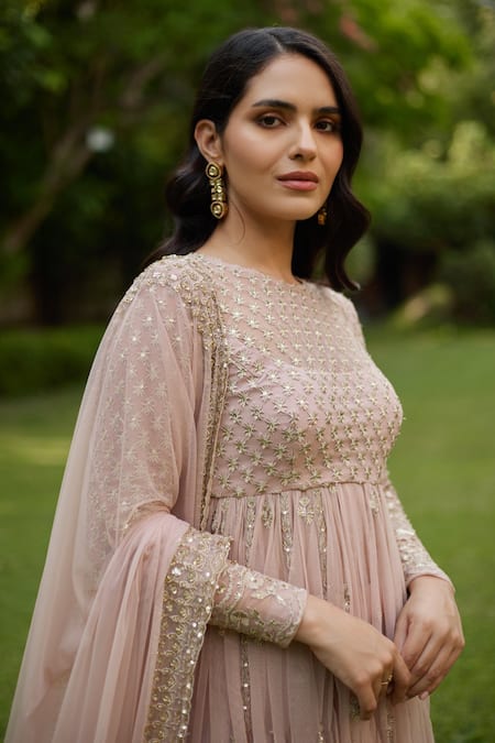 Buy_Astha Narang_Pink Net Embroidery, Sequins Round Neck Floral Anarkali And Sharara Set _Online_at_Aza_Fashions
