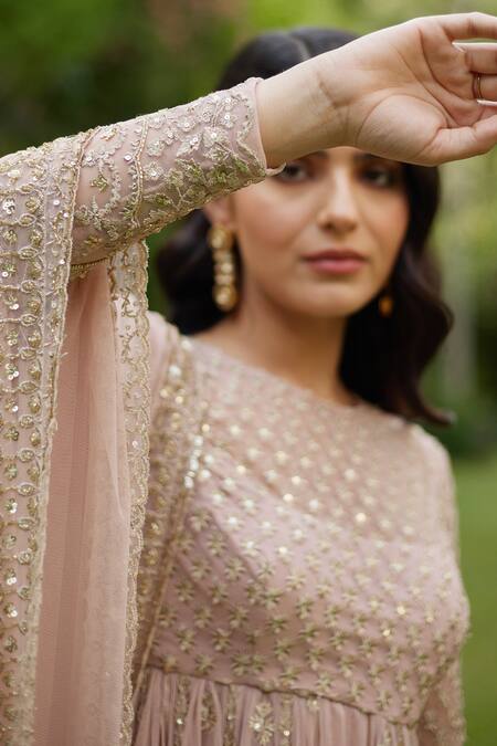 Shop_Astha Narang_Pink Net Embroidery, Sequins Round Neck Floral Anarkali And Sharara Set _Online_at_Aza_Fashions