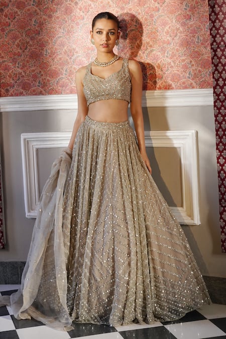 Shop Astha Narang Grey Organza Sequins, Embroidery Floral Jaal Lehenga Set at Aza Fashions Shop_Astha Narang_Grey Organza Sequins, Embroidery Floral Jaal Lehenga Set _at_Aza_Fashions