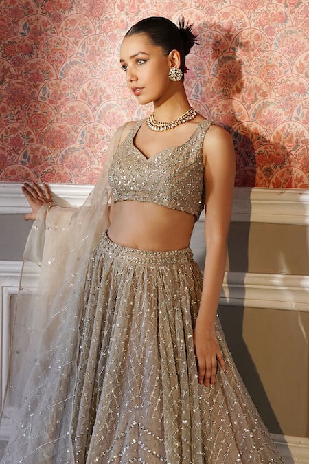 Astha Narang Grey Organza Sequins, Embroidery Floral Jaal Lehenga Set Online at Aza Fashions Astha Narang_Grey Organza Sequins, Embroidery Floral Jaal Lehenga Set _Online_at_Aza_Fashions
