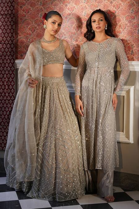 Astha Narang_Grey Net Sequins Round Geometric Jaal Embroidered Front Open Jacket With Pant _Online_at_Aza_Fashions