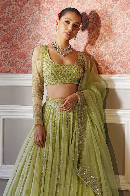 Astha Narang_Green Organza Sequins, Embroidery Round Floral Attached Lehenga Set _Online_at_Aza_Fashions