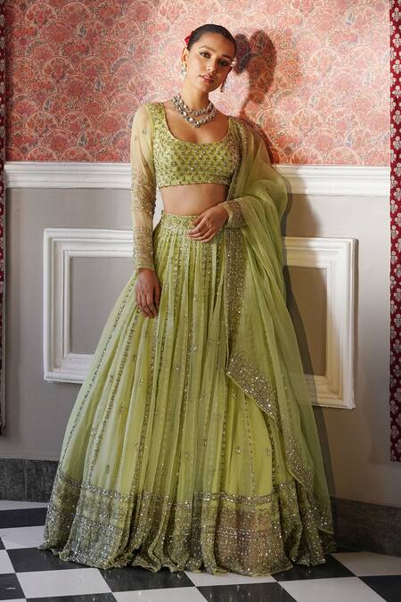 Buy_Astha Narang_Green Organza Sequins, Embroidery Round Floral Attached Lehenga Set _Online_at_Aza_Fashions