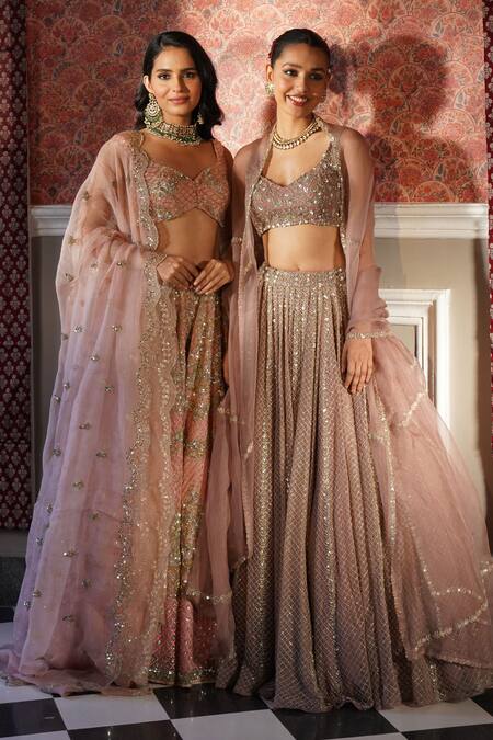 Astha Narang_Peach Organza Sequins, Embroidery Asymmetric Attached Lehenga Set _Online_at_Aza_Fashions