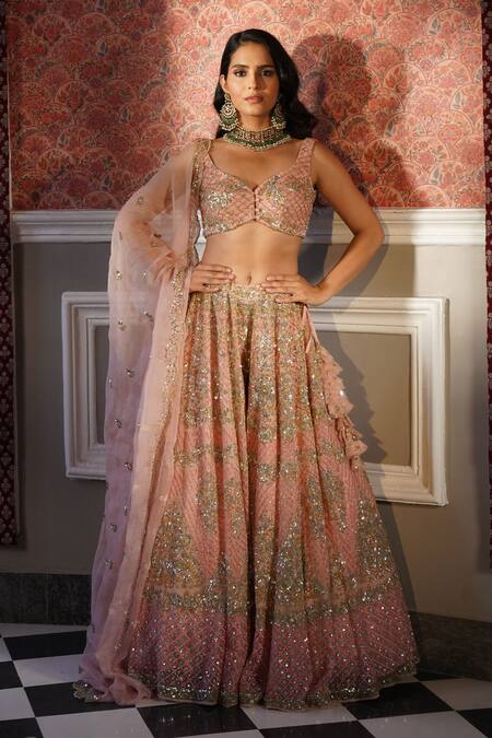 Shop_Astha Narang_Peach Organza Sequins, Embroidery Asymmetric Attached Lehenga Set _Online_at_Aza_Fashions
