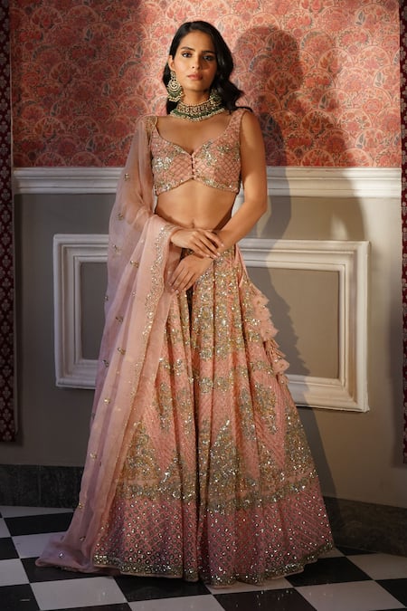 Astha Narang_Peach Organza Sequins, Embroidery Asymmetric Attached Lehenga Set _at_Aza_Fashions