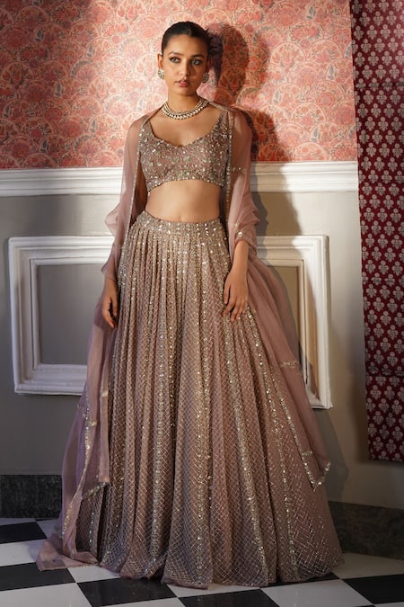 Astha Narang_Pink Organza Sequins, Embroidery Floral Jaal Attached Lehenga Set _Online_at_Aza_Fashions