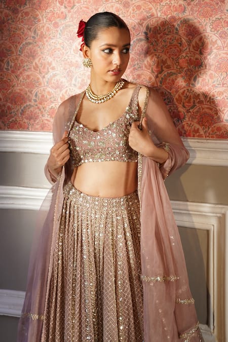 Buy_Astha Narang_Pink Organza Sequins, Embroidery Floral Jaal Attached Lehenga Set _Online_at_Aza_Fashions