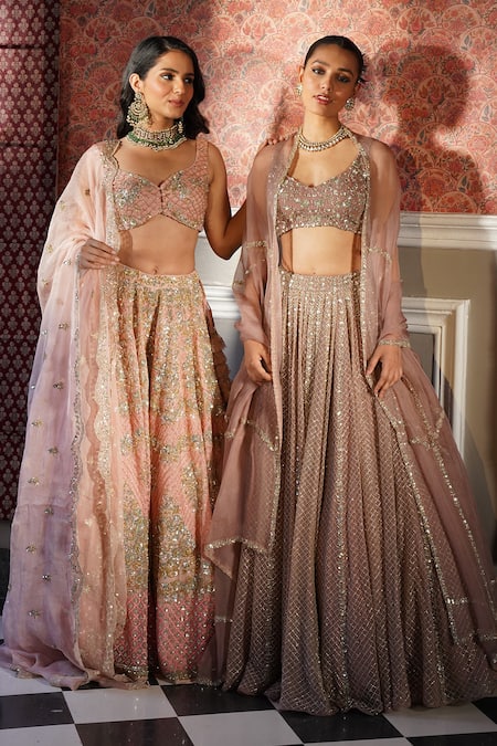 Shop_Astha Narang_Pink Organza Sequins, Embroidery Floral Jaal Attached Lehenga Set _Online_at_Aza_Fashions