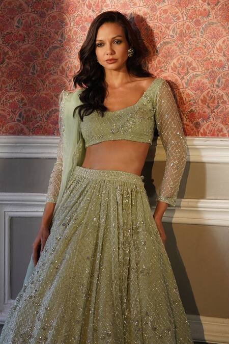 Astha Narang_Green Organza Sequins, Embroidery Round Neck Jaal Lehenga Set _Online_at_Aza_Fashions