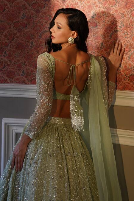 Buy_Astha Narang_Green Organza Sequins, Embroidery Round Neck Jaal Lehenga Set _Online_at_Aza_Fashions