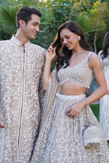 Astha Narang Moti Jaal Embroidered Attached Can Can Lehenga Set 