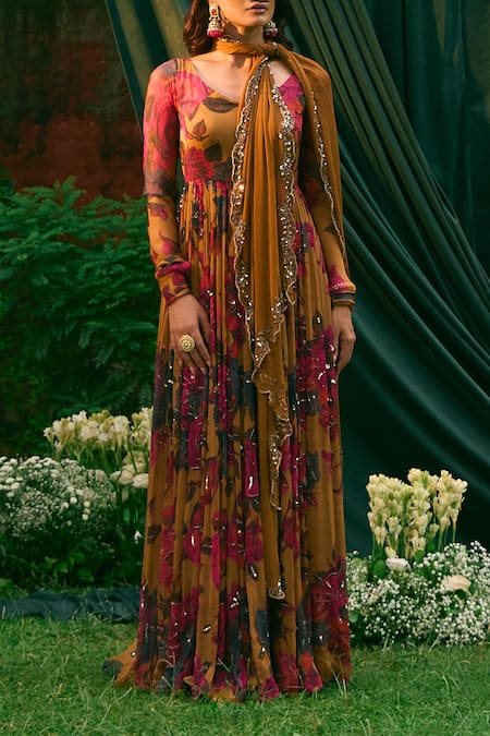 Astha Narang_Yellow Chiffon, Organza Embroidery Round Neck Rose Print Anarkali With Dupatta _Online_at_Aza_Fashions