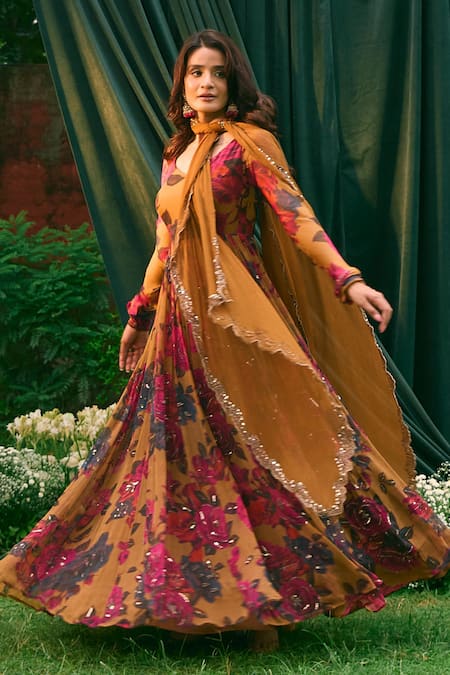 Buy_Astha Narang_Yellow Chiffon, Organza Embroidery Round Neck Rose Print Anarkali With Dupatta _Online_at_Aza_Fashions