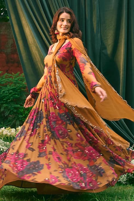 Shop_Astha Narang_Yellow Chiffon, Organza Embroidery Round Neck Rose Print Anarkali With Dupatta _Online_at_Aza_Fashions