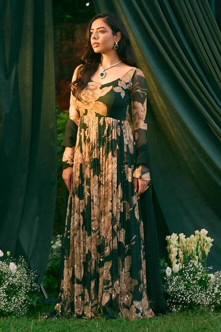 Buy_Astha Narang_Green Chiffon, Organza, Silk Embroidery Flowery Print Anarkali With Dupatta _Online_at_Aza_Fashions