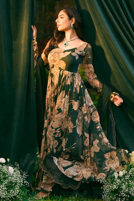 Shop_Astha Narang_Green Chiffon, Organza, Silk Embroidery Flowery Print Anarkali With Dupatta _Online_at_Aza_Fashions