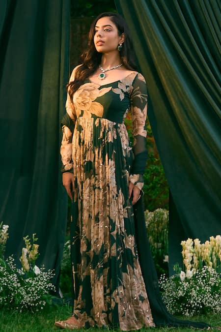 Astha Narang_Green Chiffon, Organza, Silk Embroidery Flowery Print Anarkali With Dupatta _at_Aza_Fashions