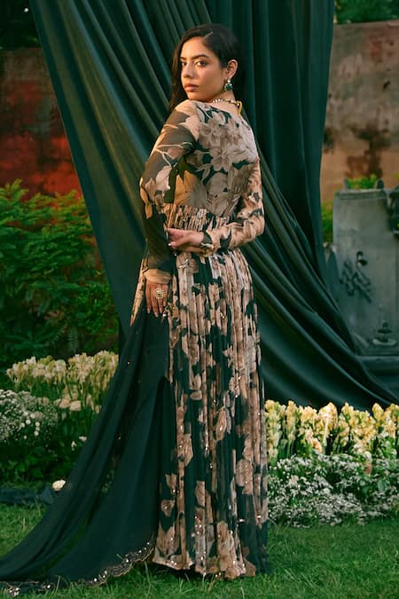 Buy_Astha Narang_Green Chiffon, Organza, Silk Embroidery Flowery Print Anarkali With Dupatta 