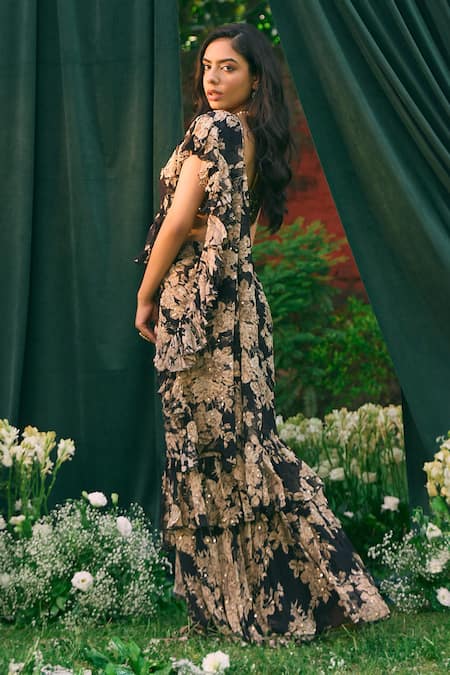 Astha Narang Black Chiffon Sequins, Embroidery Floral Frill Pre-draped Saree With Blouse Online at Aza Fashions Astha Narang_Black Chiffon Sequins, Embroidery Floral Frill Pre-draped Saree With Blouse _Online_at_Aza_Fashions