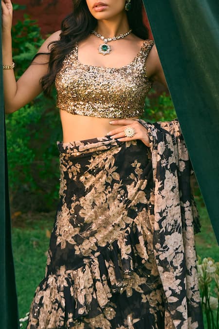 Buy Astha Narang Black Chiffon Sequins, Embroidery Floral Frill Pre-draped Saree With Blouse Online at Aza Fashions Buy_Astha Narang_Black Chiffon Sequins, Embroidery Floral Frill Pre-draped Saree With Blouse _Online_at_Aza_Fashions