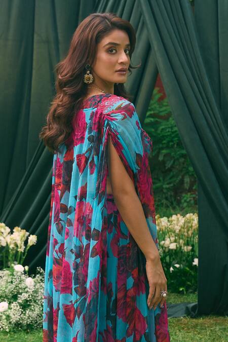 Astha Narang_Blue Chiffon Embroidery, Rhinestones Rose Print Cape And Pant Set _Online_at_Aza_Fashions