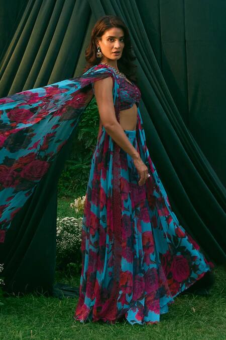 Buy_Astha Narang_Blue Chiffon Embroidery, Rhinestones Rose Print Cape And Pant Set _Online_at_Aza_Fashions