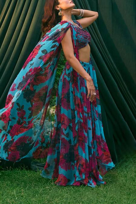Shop_Astha Narang_Blue Chiffon Embroidery, Rhinestones Rose Print Cape And Pant Set _Online_at_Aza_Fashions