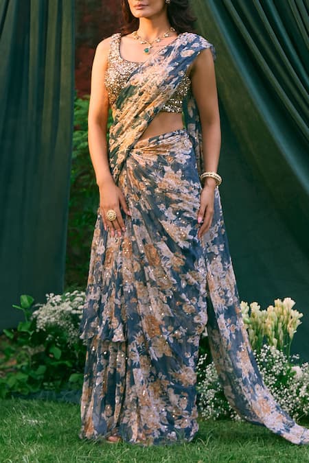 Astha Narang_Blue Chiffon Sequins, Embroidery Round Flora Frill Pre-draped Saree With Blouse _Online_at_Aza_Fashions
