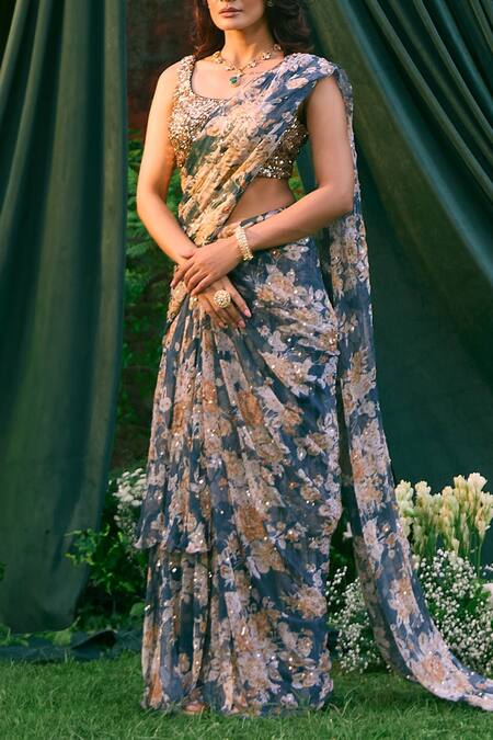 Buy_Astha Narang_Blue Chiffon Sequins, Embroidery Round Flora Frill Pre-draped Saree With Blouse _Online_at_Aza_Fashions