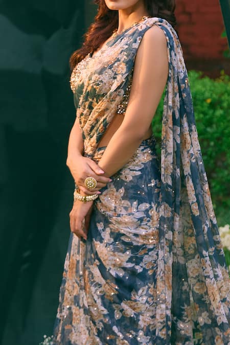 Shop_Astha Narang_Blue Chiffon Sequins, Embroidery Round Flora Frill Pre-draped Saree With Blouse _Online_at_Aza_Fashions