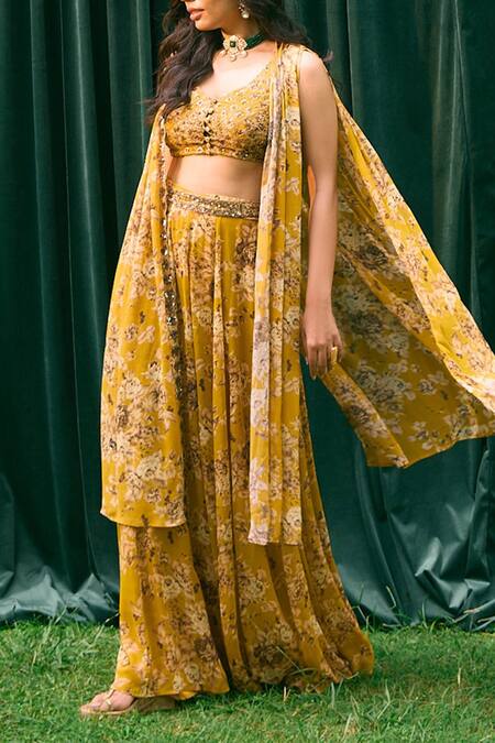 Astha Narang_Yellow Georgette Embroidery Flowery Print Cape And Pant Set _Online_at_Aza_Fashions