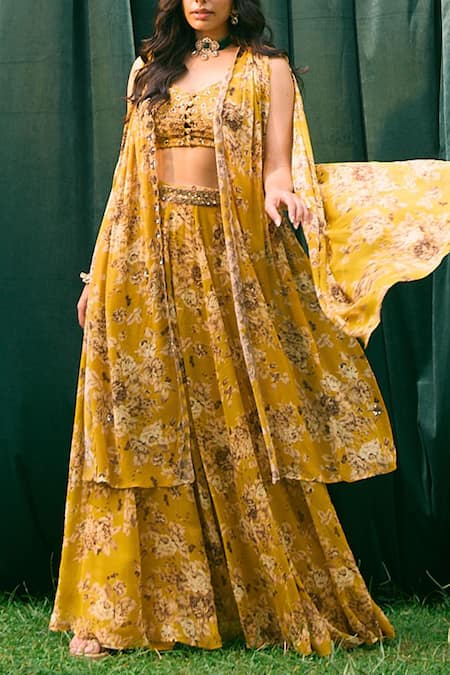 Buy_Astha Narang_Yellow Georgette Embroidery Flowery Print Cape And Pant Set _Online_at_Aza_Fashions