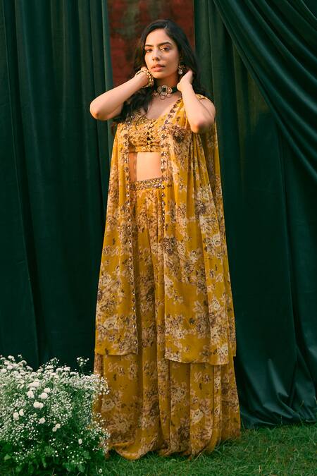 Shop_Astha Narang_Yellow Georgette Embroidery Flowery Print Cape And Pant Set _Online_at_Aza_Fashions