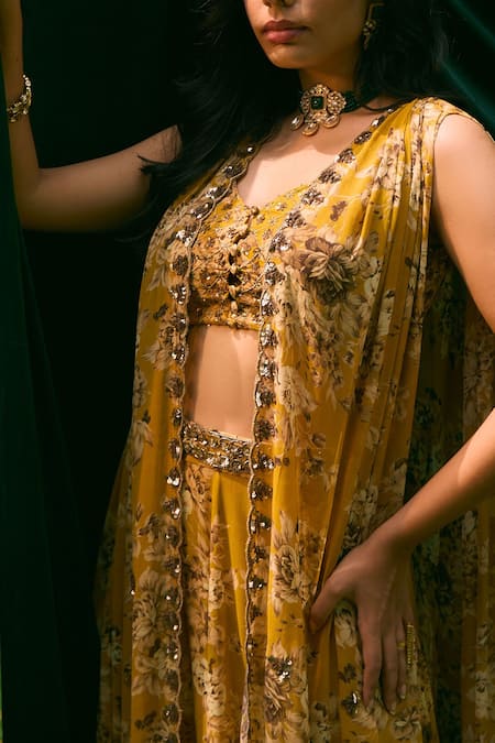 Astha Narang_Yellow Georgette Embroidery Flowery Print Cape And Pant Set _at_Aza_Fashions