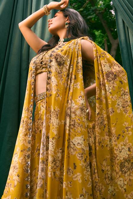 Buy_Astha Narang_Yellow Georgette Embroidery Flowery Print Cape And Pant Set 