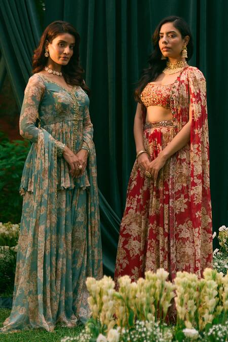 Astha Narang_Red Georgette Embroidery Round Neck Floral Garden Print Cape And Pant Set _Online_at_Aza_Fashions