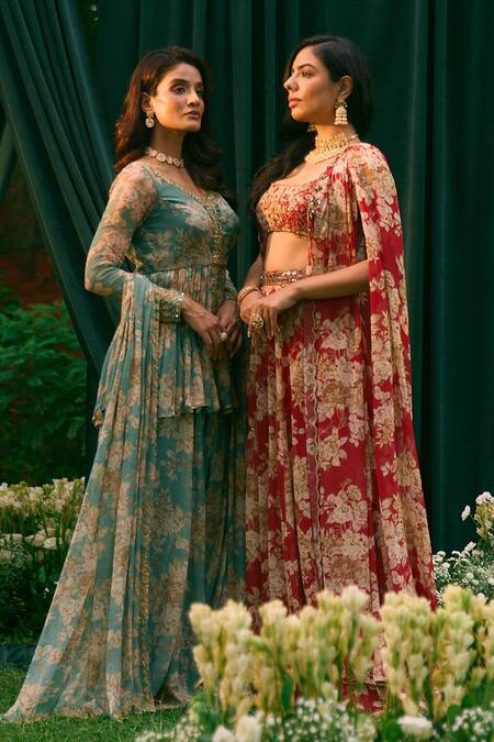 Buy_Astha Narang_Red Georgette Embroidery Round Neck Floral Garden Print Cape And Pant Set _Online_at_Aza_Fashions