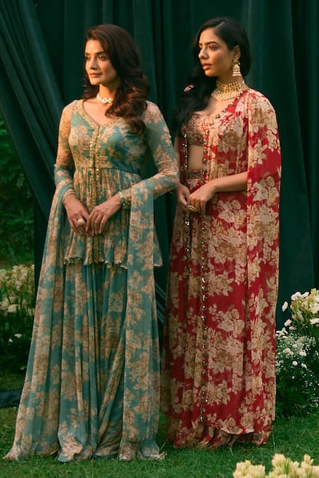 Shop_Astha Narang_Red Georgette Embroidery Round Neck Floral Garden Print Cape And Pant Set _Online_at_Aza_Fashions