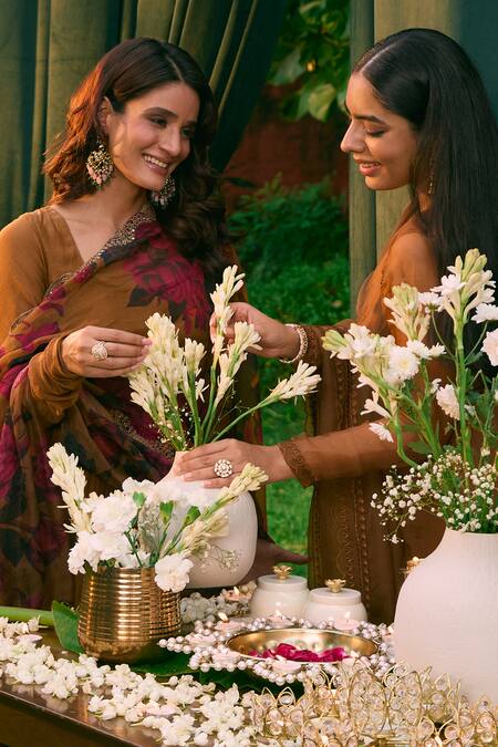 Shop_Astha Narang_Brown Organza, Silk Embroidery Round Neck Floral Thread Work Kurta Pant Set _Online_at_Aza_Fashions