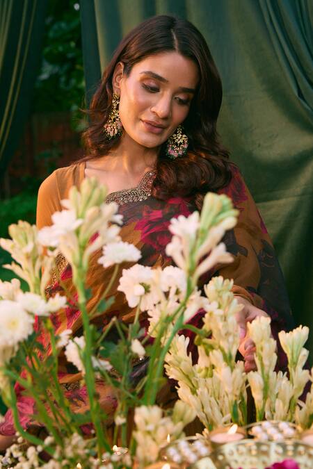 Shop_Astha Narang_Brown Chanderi Silk Sequins, Beads, Embroidery Round Neck Anarkali With Dupatta _Online_at_Aza_Fashions