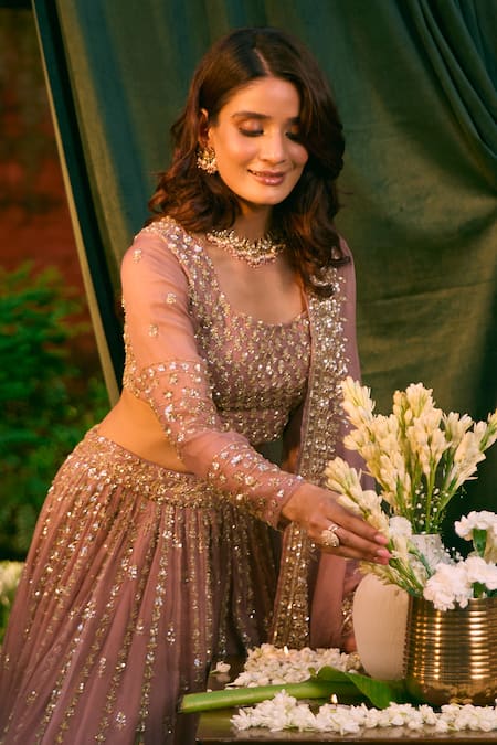 Astha Narang_Pink Organza, Silk Sequins, Beads Round Neck Embroidered Lehenga Set _Online_at_Aza_Fashions