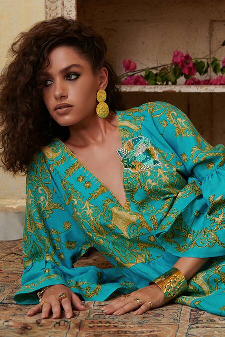 Shop_Cin Cin_Green Cotton Embroidery, Beads Plunge Neck Floral Print A-line Dress _Online_at_Aza_Fashions