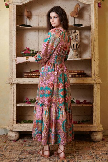 Shop_Cin Cin_Multi Color Cotton Flex Printed Floral Mandarin Collar Flower Tiered Dress _at_Aza_Fashions