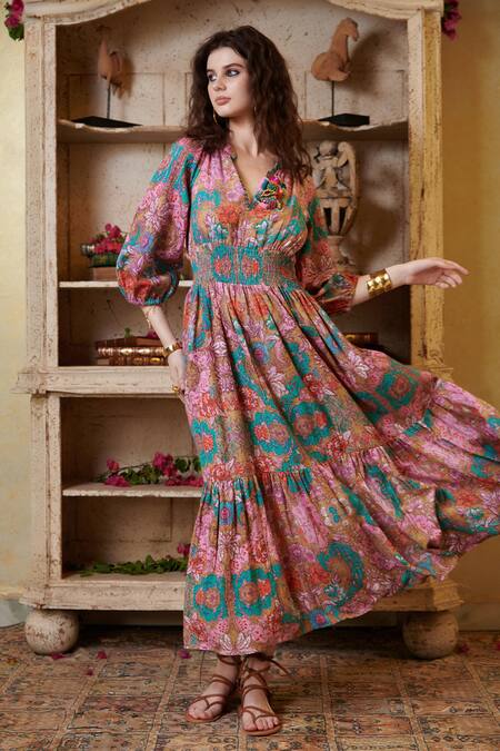 Cin Cin_Multi Color Cotton Flex Printed Floral Mandarin Collar Flower Tiered Dress _Online_at_Aza_Fashions