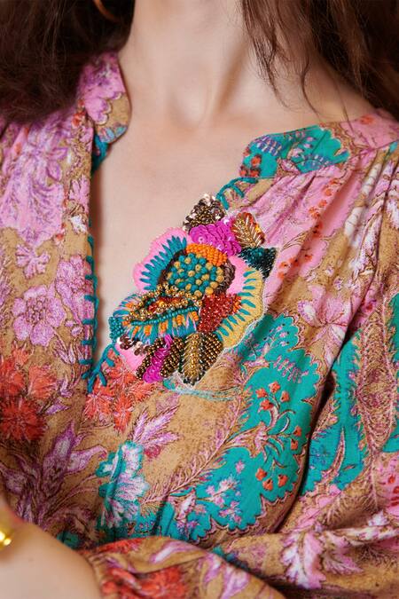 Buy_Cin Cin_Multi Color Cotton Flex Printed Floral Mandarin Collar Flower Tiered Dress _Online_at_Aza_Fashions