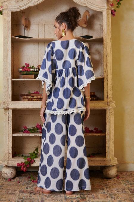 Shop_Cin Cin_Blue Cotton Lace Round Neck Polka Dot Print Tunic And Pant Set _at_Aza_Fashions