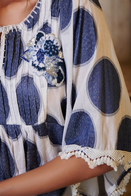 Buy_Cin Cin_Blue Cotton Lace Round Neck Polka Dot Print Tunic And Pant Set _Online_at_Aza_Fashions
