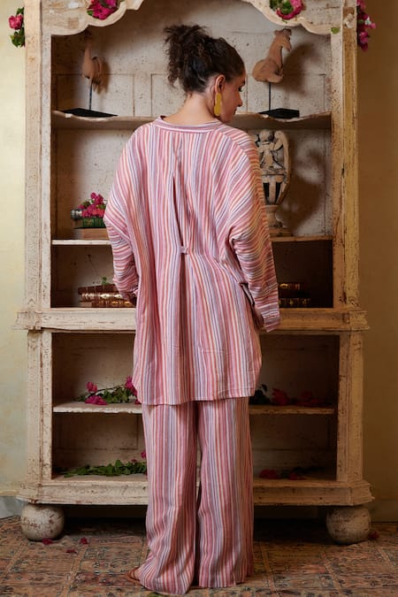 Shop_Cin Cin_Pink Cotton Lurex Yarn Dyed Printed Stripe Mandarin Collar Tunic And Pant Set _at_Aza_Fashions